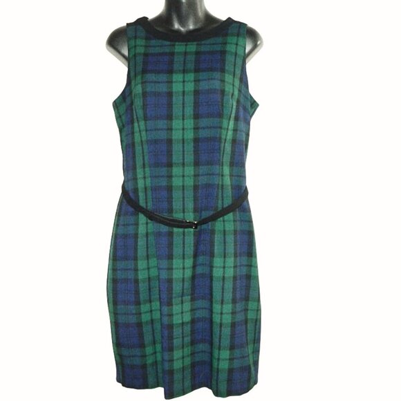 2 for/$30 JACOB Tartan Crew Neck Green Blue Sheath Dress Size 10 - Picture 1 of 7